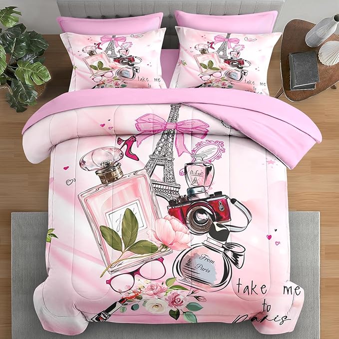 7 Pcs Comforter Set Full Size, Paris Teen Girls Pink Bedding for Kids and Adults, Cute Makeup Perfume Bed Sheet Sets with Fitted Sheet 2 Pillowcases & 2 Shams for Bedroom Bed Decor