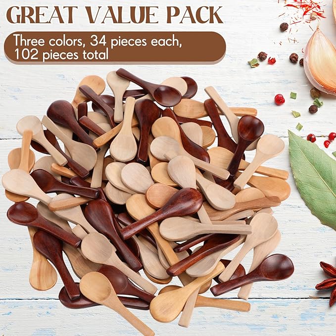 Boao 100 Pcs Small Wooden Spoons, 3.5'' L, Mini Wood Natural Tiny Spoons Wooden Little Teaspoons for Jars Sugar Creamer Honey Spices Salt Kitchen Supplies (Multiple Color)