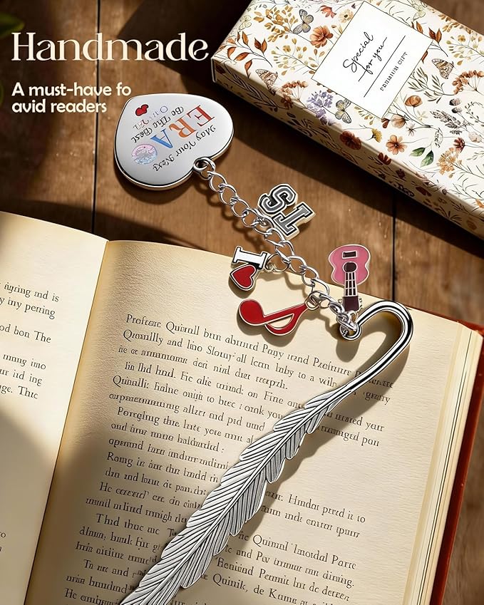 Buleens Bookmarks for Women Reading - Book Marks for Readers Book Lovers, Feather Music Guitar Red Personalized Metal Bookmark with Pendants, Pretty and Aesthetic Book Accessories Reading Gifts