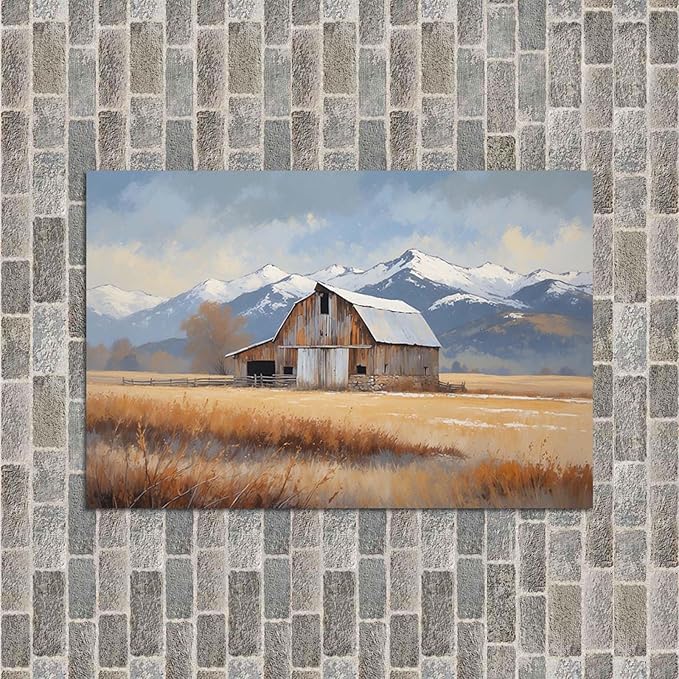 Mountain snow barn murals rural farm natural scenery Thanksgiving decorative paintings suitable for home decoration bathroom bedroom living room decoration24x36in(60x90cm)- Unframed