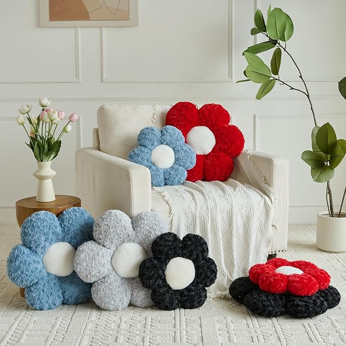 Flower Pillows, Decorative Throw Pillow with Soft Plush for Couch, Flower Shaped Pillow Home Decor Daisy Pillow for Bed (Black, 19.6 Inches)