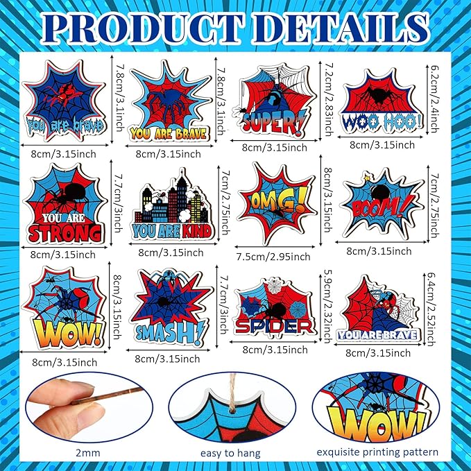 Yookeer 24 Pcs Spider Ornaments Red and Blue Spider Web Wooden Ornaments with Rope Hanging Spiders Decorations Hero Party Decor for Tree Home Wreath Decor