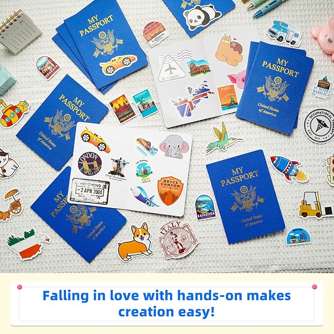 15 Pcs Fake Passport Book for Kids with 150 Non-Repeating Stickers (Including 3 Themes), Suitable for Party Favors, Scrapbooking, Arts and Crafts, School Supplies, Wall Stickers