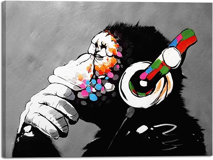 Wieco Art Monkey With Headphones Banksy Graffiti Art Abstract Canvas Painting Posters and Prints Animal Canvas Wall Art for Wall Decor and Home decorations Office Decor