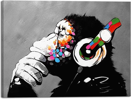 Wieco Art Monkey With Headphones Banksy Graffiti Art Abstract Canvas Painting Posters and Prints Animal Canvas Wall Art for Wall Decor and Home decorations Office Decor
