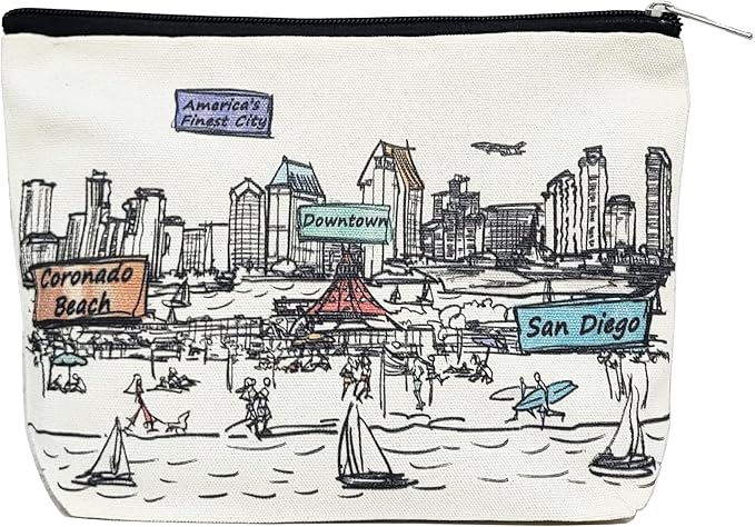 Cities Around the World Artwork Cosmetic Bag Series – Designed in USA, Travel Makeup Bag with Zipper, Souvenir Gift for Women, Artwork Organizer for Purse or Toiletry (San Diego)