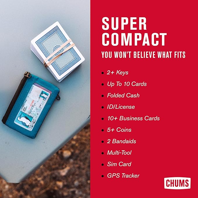 Chums Surfshorts Wallet - Lightweight Slim Wallet with RFID Blocking Card & Clear ID Window - Zippered, Minimalist Wallet w/Key Ring - Solid Colors