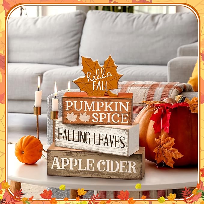 4 Pcs Fall Decor Wooden Maple Leaf Decoration Thanksgiving Tiered Tray Decor Rustic Wooden Maple Leaf Block Sign Thanksgiving Table Centerpiece Farmhouse for Autumn Harvest Party Home Kitchen