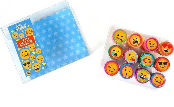 TINYMILLS 12 Pcs Emoji Stamp Kit for Kids - Emoji Self Inking Stamps Gift Party Favors