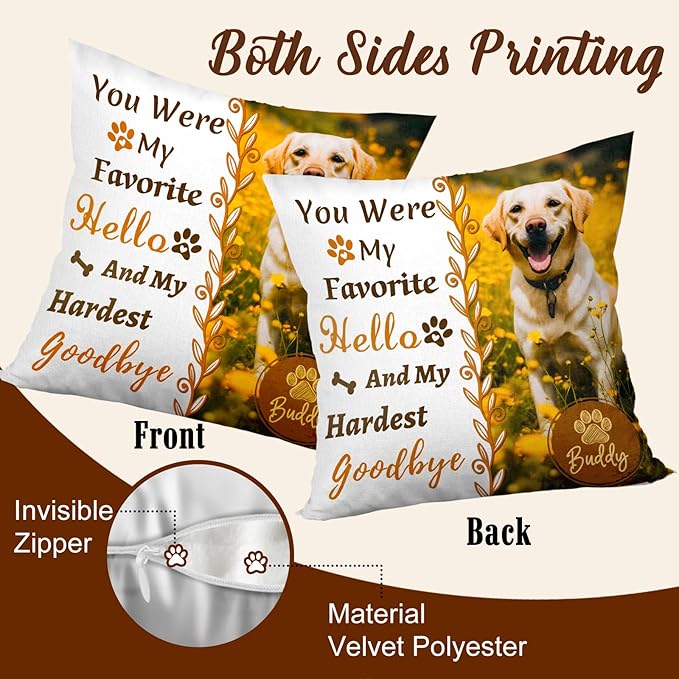 Personalized Memorial Throw Pillow with Photo (Insert Included), Sympathy Gift for Pet Loss, Customized Pillow Pets for Dog Owners (Yellow)