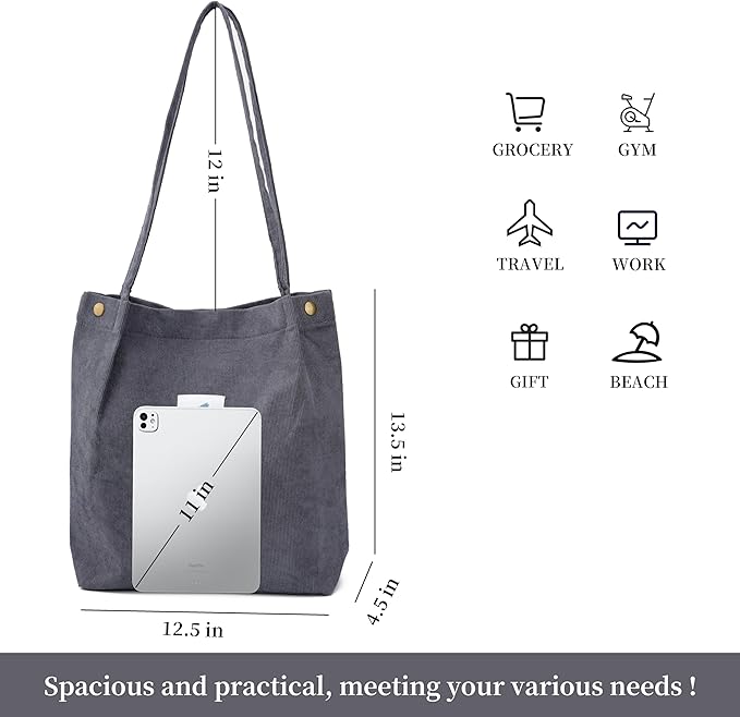 Corduroy Tote Bag Cute Tote Bags for Women Shoulder Bag with Inner Pocket for Work Beach Travel and Shopping Grocery