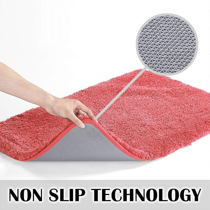 Suchtale Shaggy Bath Mat - Non Slip, Water Absorbent, Soft Microfiber, Machine Washable, Thick Plush (20 x 32 Living Coral)