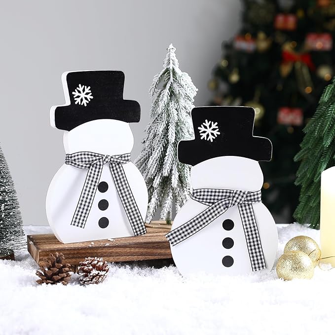 Christmas Decorations-2pcs Winter Wooden Snowman Signs Winter White Standing Farmhouse Snowman for Office Table Mantle Home Xmas Party Decor