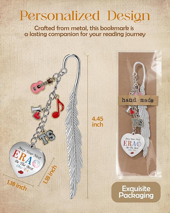 Buleens Bookmarks for Women Reading - Book Marks for Readers Book Lovers, Feather Music Guitar Red Personalized Metal Bookmark with Pendants, Pretty and Aesthetic Book Accessories Reading Gifts