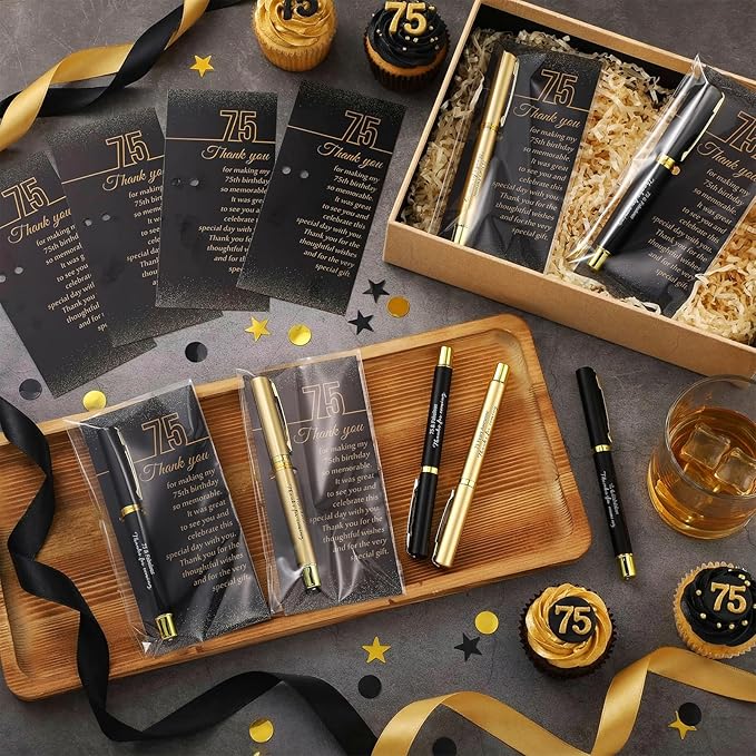 50 Set 75th Birthday Party Favor for Guest Anniversary Party Favor with Black and Gold Ballpoint Pens and Thank You Cards for Women Men Birthday Anniversary Appreciation Gifts