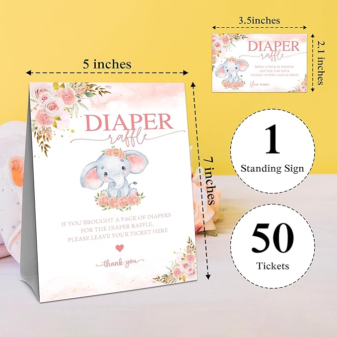 Floral Baby Shower Diaper Raffle Game Set - Pink Elephant 1 Standing Sign & 50 Diaper Raffel Tickets - Baby Announcement, Gender Reveal Party Activities & Decorations For Girls - A09