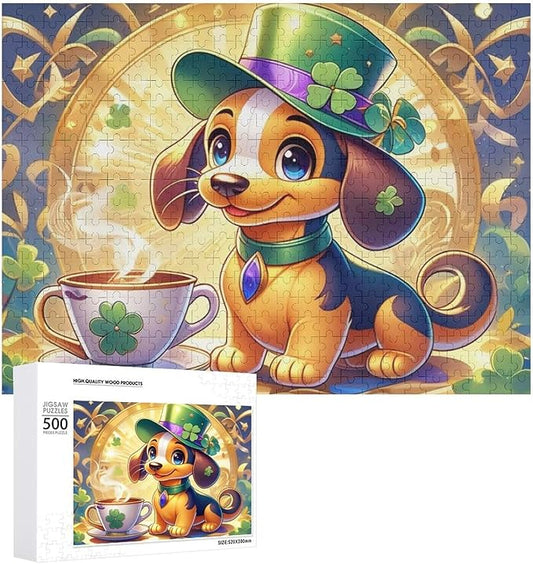 Wooden Puzzle - St. Patrick's Day Dachshund Wooden Puzzles for Adults 500 Pieces Challenge Puzzles，Educational Games，Family Puzzles，Unique Gifts for Wall Art ，Funny Puzzles