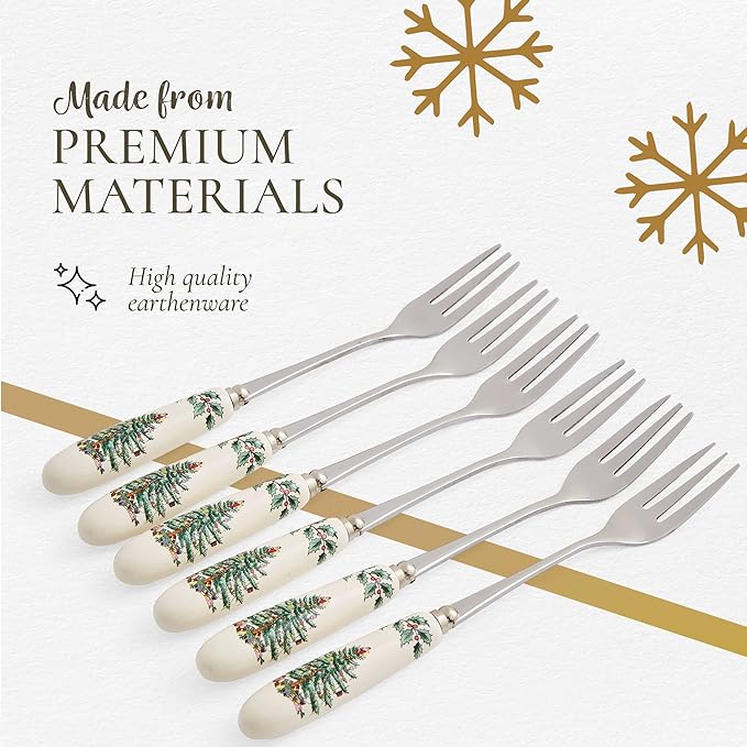 Spode Christmas Tree Pastry Forks (Set of 6), Stainless Steel Forks with Porcelain Handles for Holiday Meals, 6-Inch Festive Christmas Flatware - Seasonal Tableware & Silverware Gift Set