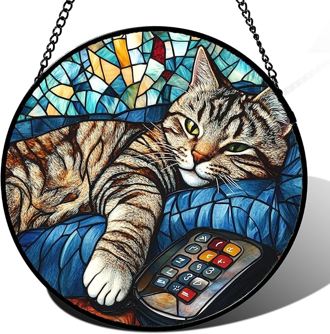 Stained Glass Window Hanging Gray Cat and Remote Control Large 11.8" - Suncatcher Door Garden Kitchen Sun Catcher Home Decor Birthday for Lost Pets Mom Men Woman Friend Grandma