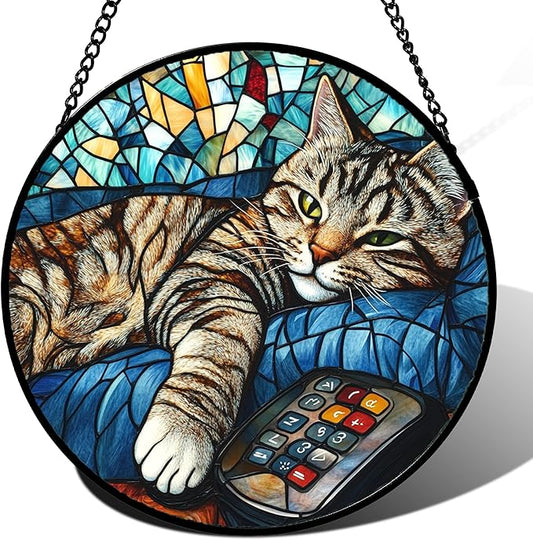 Stained Glass Window Hanging Gray Cat and Remote Control Large 11.8" - Suncatcher Door Garden Kitchen Sun Catcher Home Decor Birthday for Lost Pets Mom Men Woman Friend Grandma