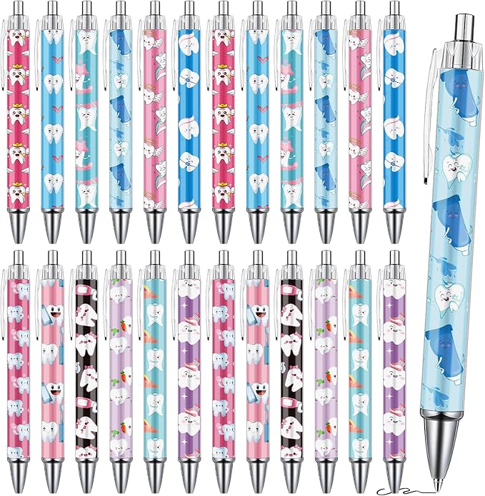 Dental Ballpoint Pens Gifts - 24 Pcs Teeth Pen Set Dental Assistant Retractable Smooth Writing Ballpoint Pen Hygienist Appreciation Gift for Nurse Student Teacher Office School Home Supplies