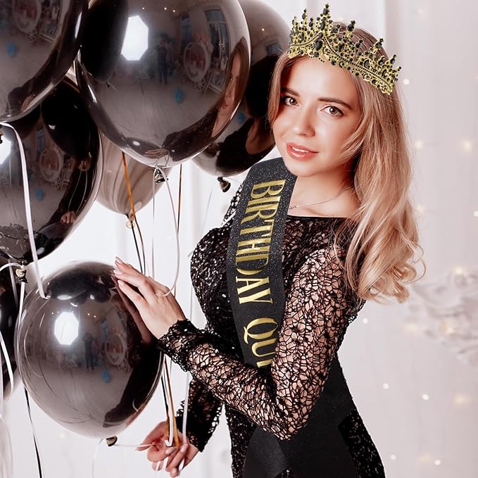 COCIDE Black Birthday Sash and Crown for Women - Crystal Tiaras Decorations for Girl,Glitter Rhinestone Gifts Headband Sashes Decor,Coronas for Queen,Happy Birthday Accessories Party Favors