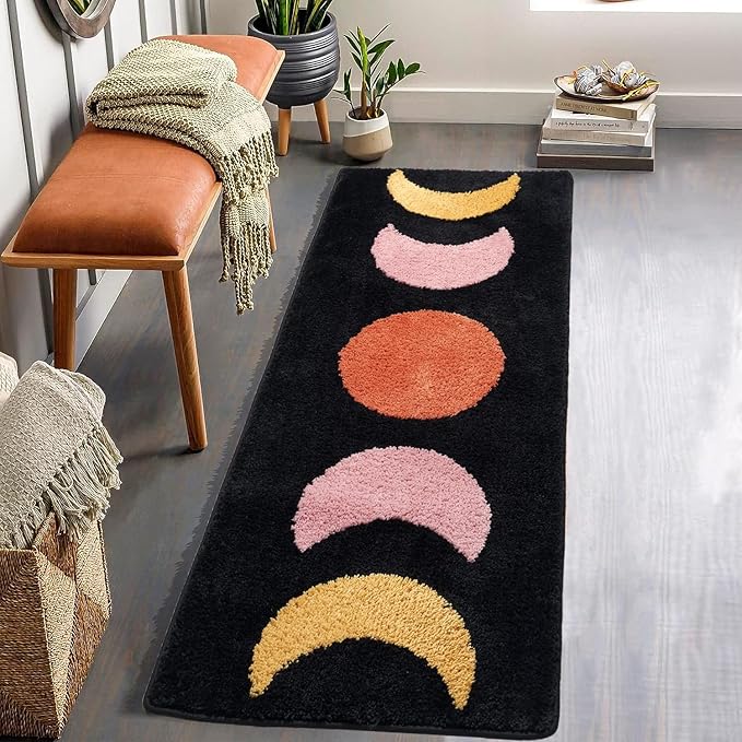 Boho Bathroom Runner Rugs, Moon Phases Bath Mat Long, Non Slip Half Moon Bohemian Rugs Washable, Witchy Bathroom Decor, Water Absorbent Boho Area Rug, Black Bath Mat 50"x20"