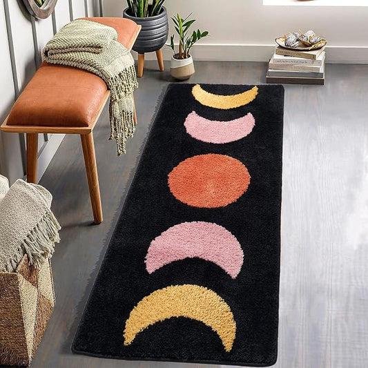Boho Bathroom Runner Rugs, Moon Phases Bath Mat Long, Non Slip Half Moon Bohemian Rugs Washable, Witchy Bathroom Decor, Water Absorbent Boho Area Rug, Black Bath Mat 50"x20"