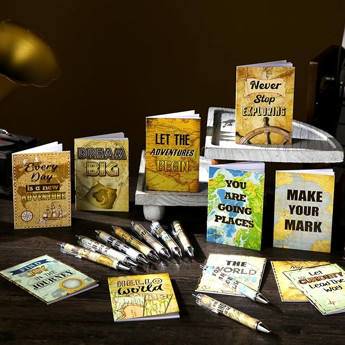 Eersida 48 Pcs Travel The Map Mini Notepad and Pen Set Travel Motivational Notepads with Quote Ballpoint Pens, 12 Styles