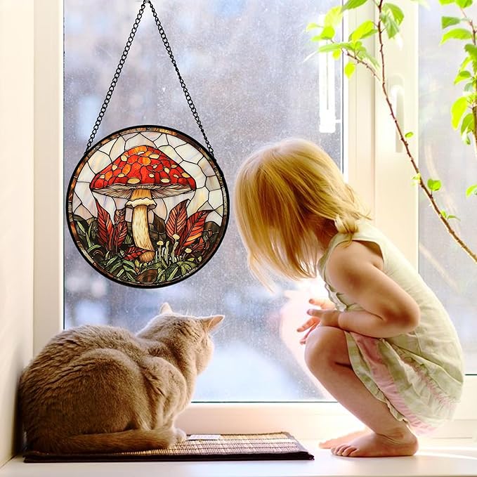 Stained Glass Window Hanging, Big Red Mushroom Suncatcher for Doors Home Sun Catchers Decoration and Christmas, Mother's Day Birthday Gifts for Women, Men, and Mom 11.8x11.8 in