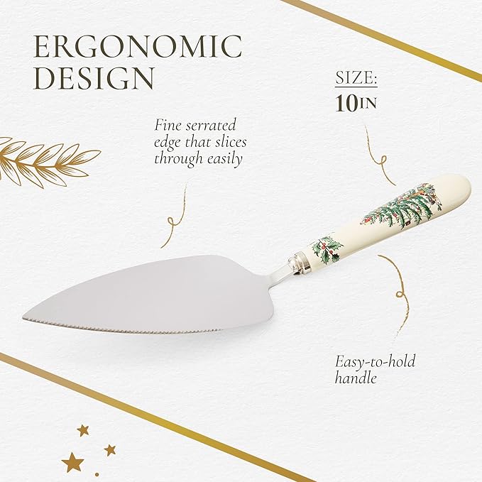 Spode Christmas Tree Cake Server, 10.5-Inch Stainless Steel Cake Knife with Fine Porcelain Handle, Holiday Dessert Flatware, Festive Christmas Utensil, Elegant Holiday Table Setting Addition