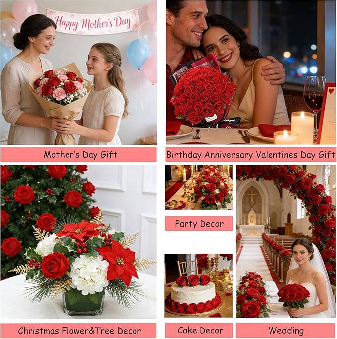 Roses Artificial Flowers, Fake Silk Roses with Stems for Valentine's Day Mother's Day Christmas, Indoor Outdoor Decor Wedding Anniversary Birthday Party Decor, Gift for Her(12, Red)