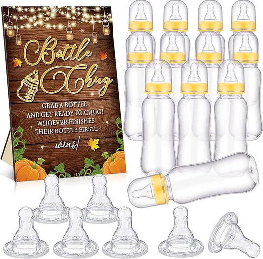 TrelaCo Cool Baby Shower Games Wooden Bottle Chug Sign Fall Pumpkin Gift Set and 12 Pcs Baby Bottle Shower Favor for Thanksgiving Decor Game