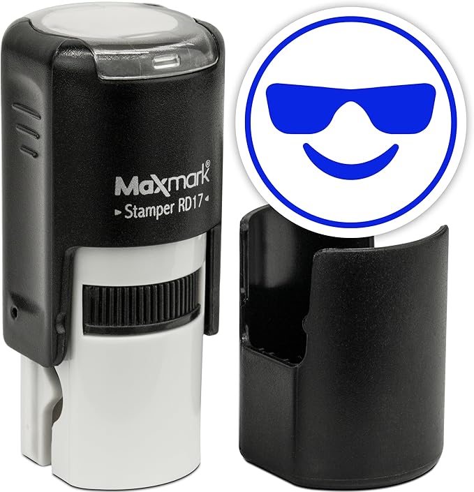 MaxMark Round Self Inking Emoji Stamp - Sunglasses - Blue Ink