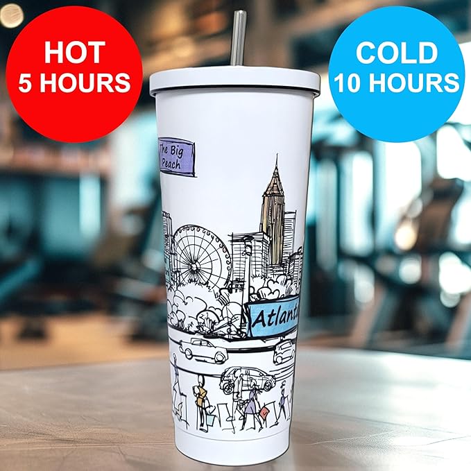 Cities Around the World 25 Oz Tumbler Series - Designed in the USA - Vacuum Insulated Tumbler with Lids & Straw - Stainless Steel Coffee Water Travel Mug, Cup for Hot Cold Drink (Atlanta)