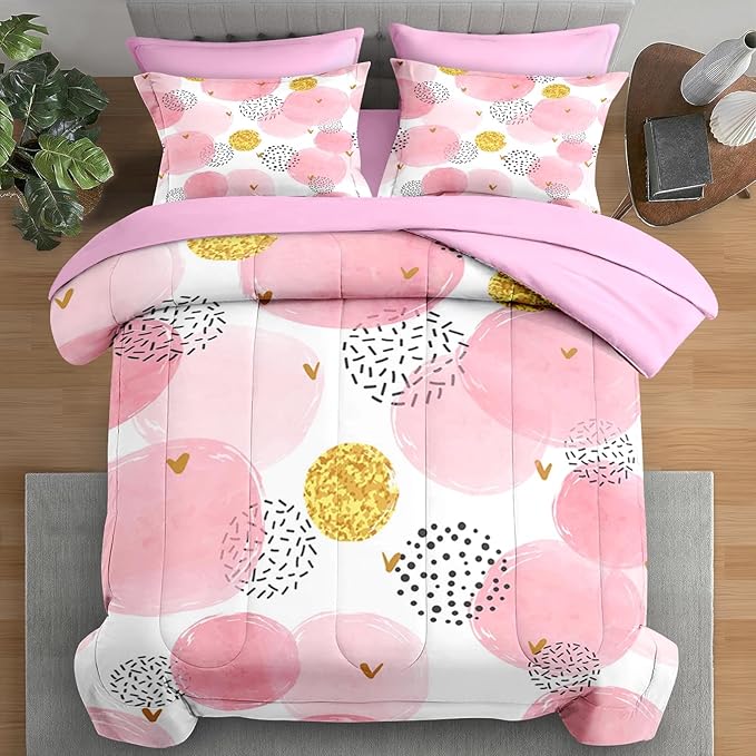 Comforter Set Twin Size, Polka Dot Pink 5 Pcs Bedding for Kids and Adults, Watercolor Spots Circles Bed Sheet Sets with Fitted Sheet Pillowcase & Sham for Bedroom Bed Decor