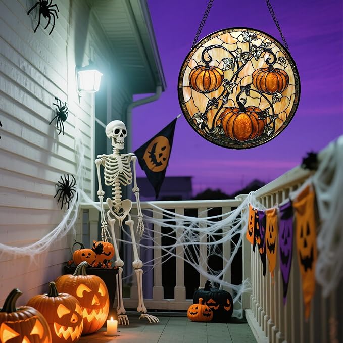 Stained Glass Window Hanging - Halloween Decoration Orange Pumpkin Vine Leaves Suncatcher for Door Garden Spooky Sun Catchers Gothic Decor Horror Gifts for Women Men Friend Boy Girl 6.3 in