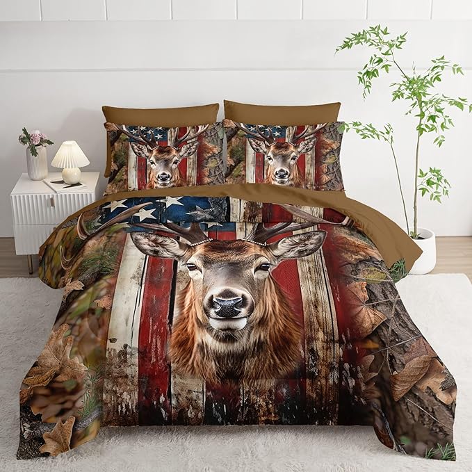 7Pcs Comforter Set American Flag Deer Printed Bedding Set with 1 Comforter, 1 Flat Sheet, 1 Fitted Sheet and 4 Pillowcases for Boys and Girls Bedroom All Season(Deer Twin)
