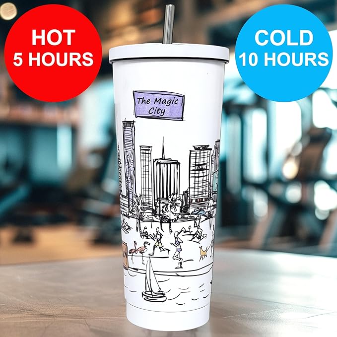 Cities Around the World 25 Oz Tumbler Series- Designed in the USA- Vacuum Insulated Tumbler with Lids Straw - Stainless Steel Coffee Water Travel Mug, Cup for Hot Cold Drink (Miami)