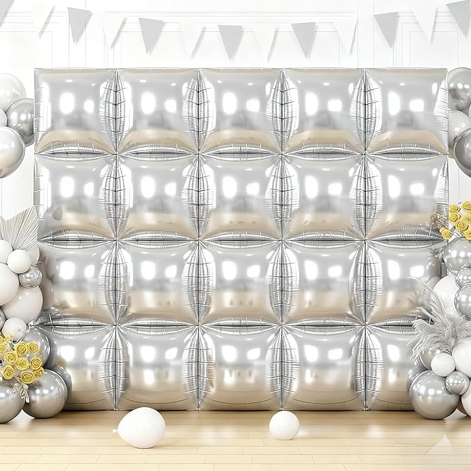 20PCS Silver Square Balloons, New Years Decorations Backdrop Balloon Wall Tunnel Double Sided Gold & Silver Foil Balloons Kit for Christmas New Year Eve Graduation Birthday Party