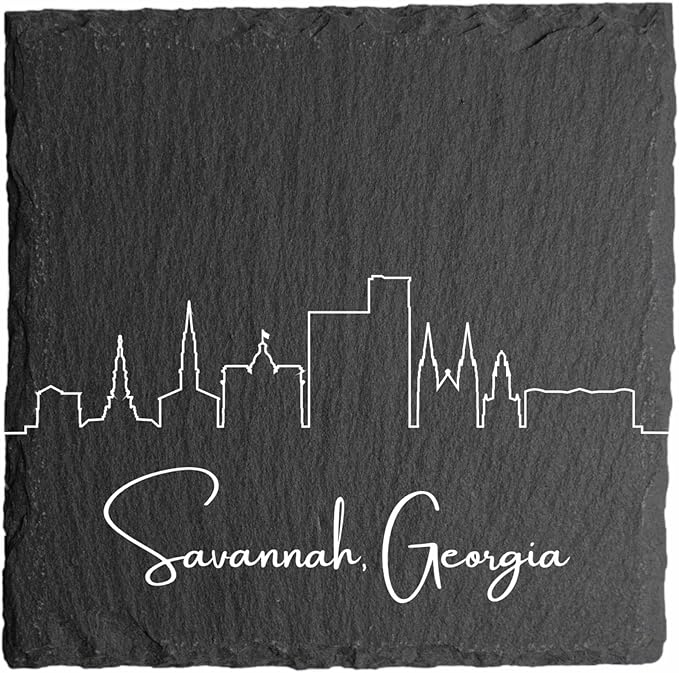 Blue Ridge Mountain Gifts - Savannah GA Skyline Coasters, Set of 4 - Savannah Georgia Souvenir, Slate Coasters with Minimalist Skyline, Housewarming Gift for Friends, Family, & Neighbors
