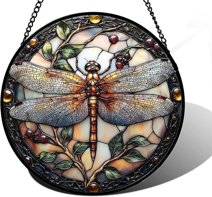 Stained Glass Window Hanging - Dragonfly Plant Suncatcher Ready to Hang Window Doors Home Decoration, Christmas, Mother's Day Birthday Gifts for Women, Men, and Mom 9.8x9.8 in