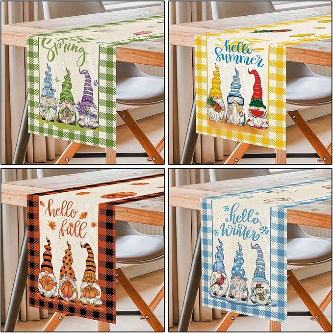 4 Pcs Cute Gnomes Buffalo Plaid Table Runner 72 Inches Long, Hello Spring Hello Summer Seasonal Table Decor, Hello Fall Hello Winter Burlap Table Runner for Kitchen Farmhouse Home Party