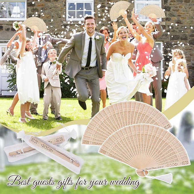 20Pcs Handheld Foldable Wedding Wooden Fans Personalized Custom Sandalwood Fans with Tassels and Organza Bags Wedding Favors for Guests Baby Shower Birthday Party Gift Bulk (20)