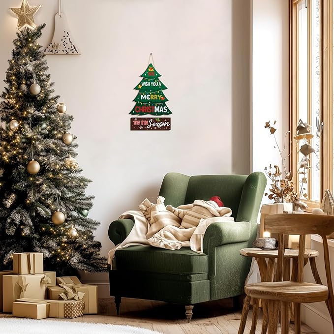 CHDITB Merry Christmas Tree Wooden Sign, We Wish You A Merry Christmas Wood Hanging Plaque, Holiday Xmas Front Door Sign, Rustic Festive Wall Hanger Xmas Wall Decor for Outdoor Porch Yard Home Decor