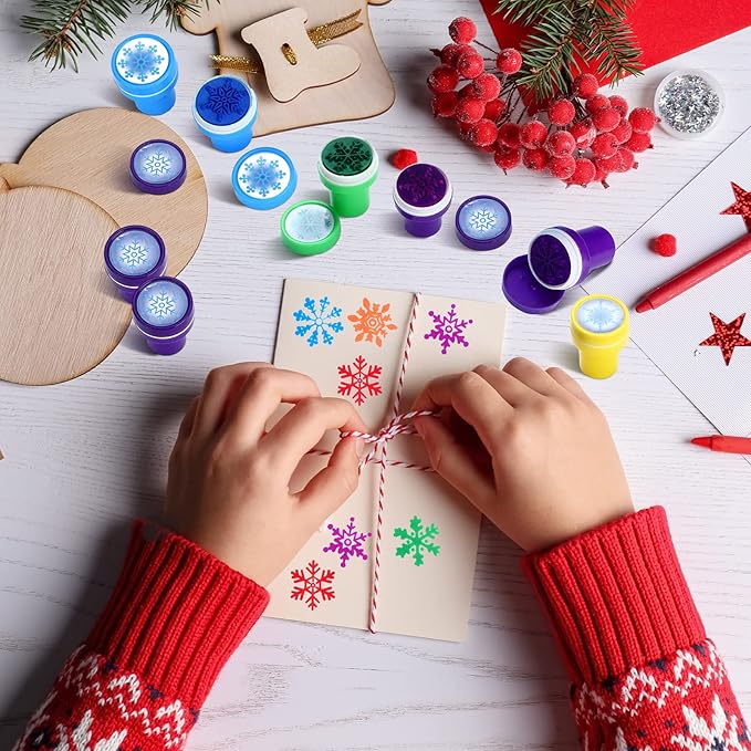 Skylety 60 Pieces Winter Snowflake Stamps for Kids Self Ink Assorted Plastic Snowflake Hand Stampers for Card Making Holiday Winter Wonderland Birthday Party Decorations Supplies(Multi Colors)