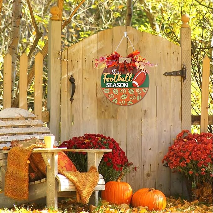 CHDITB Fall Football Sign for Front Door Porch, Rugby Football Season Round Wooden Sign, Fall Football Wreath Wooden Hanging Plaque, Farmhouse Maple Leaves Decor for Holiday Party Decoration