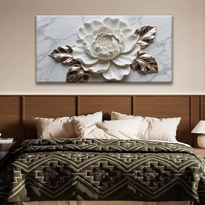 Suconvng Wall Art Living Room Marble Texture Wall Art Modern White Flower Canvas Art Wall Decor Home Wall Decor Suitable Pictures For Bedroom Apartment Office Can Be Hung 24" × 48"