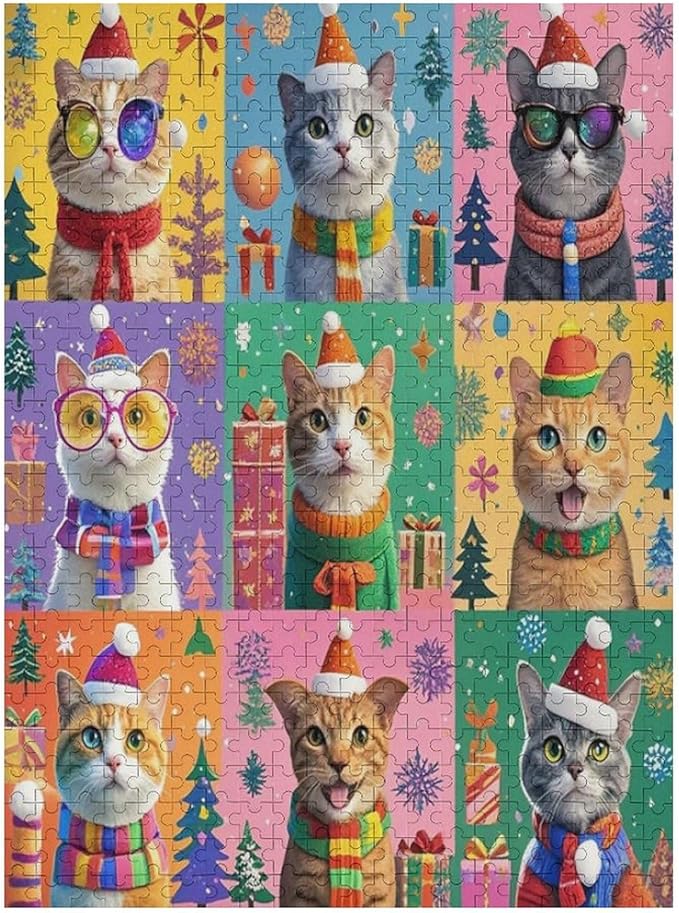 Wooden Puzzle 500 Pieces Adult - Christmas Dog Cat Puzzle Christmas Puzzles, Holiday Puzzles, Family Toys, Party Games, Jigsaw Puzzle Challenge and Funny