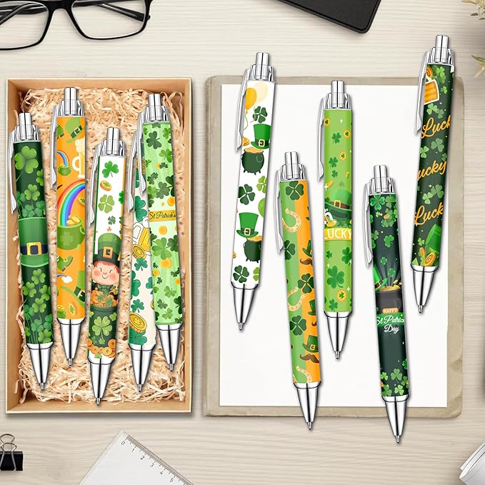 Idealmuzik Green Theme Ballpoint Pens Set of 10 – Shamrock & Lucky Clover Design with Smooth Black Ink – St. Patrick’s Day Inspired Pens for Office, Home, Party Favors, and Gifts